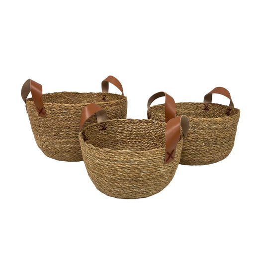 SET OF THREE ROUND SEAGRASS BOWLS WITH LEATHER HANDLES