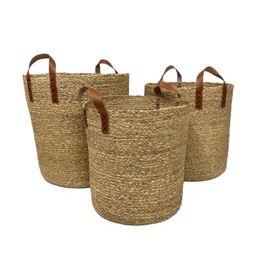 SET OF SEAGRASS HAMPERS WITH LEATHER HANDLES