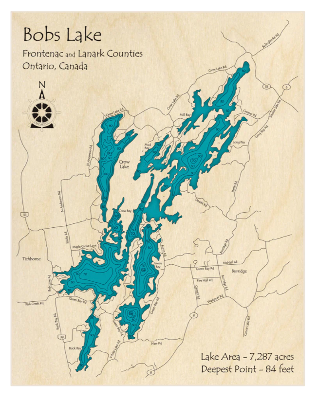 Lake Map Art - 17"x21" Wood Frame: 50 Lakes in Stock! Call for Availability.