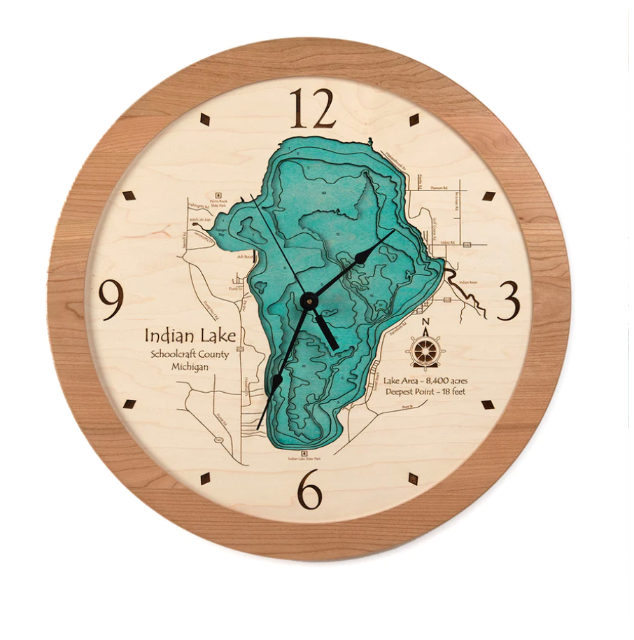 Lake Map Art - 17" Clock: 50 Lakes in Stock! Call for Availability.