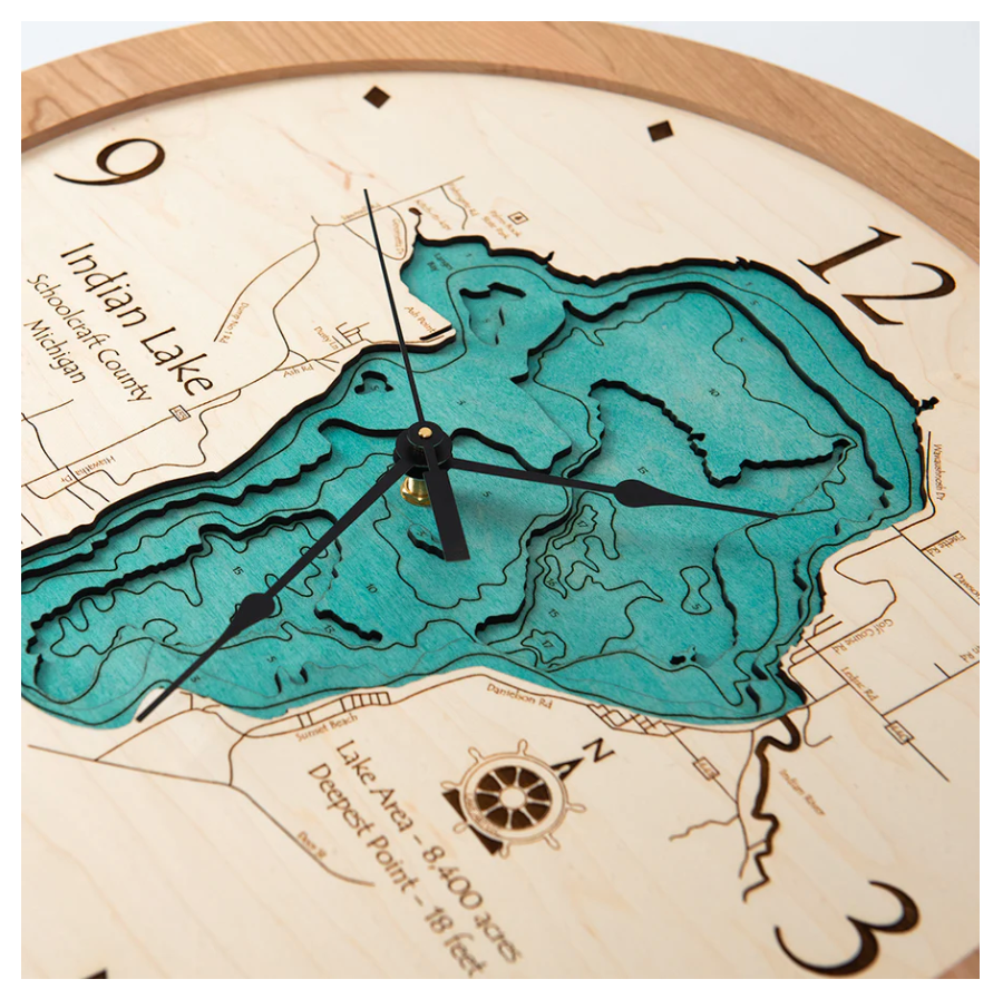 Lake Map Art - 17" Clock: 50 Lakes in Stock! Call for Availability.