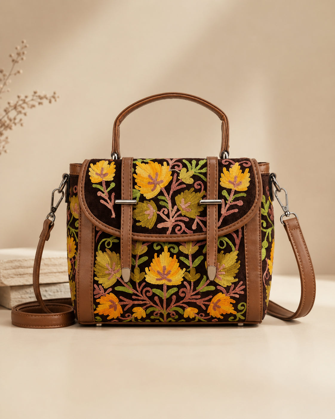 Meet Kraft Embroidered Handbag with Loops